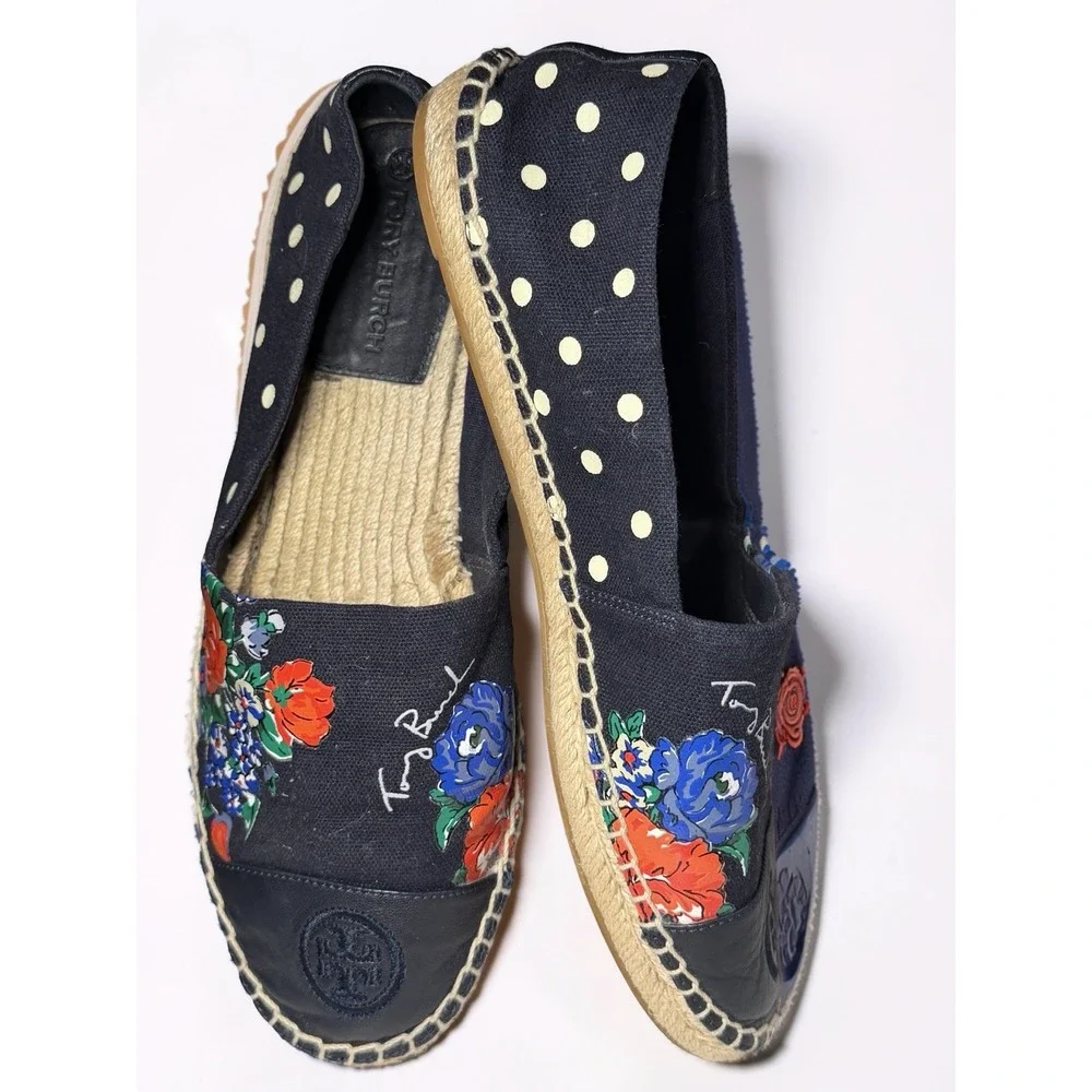 TORY BURCH size 9 Navy blue polka Dot Floral Espadrille Flats Canvas Shoes EUC